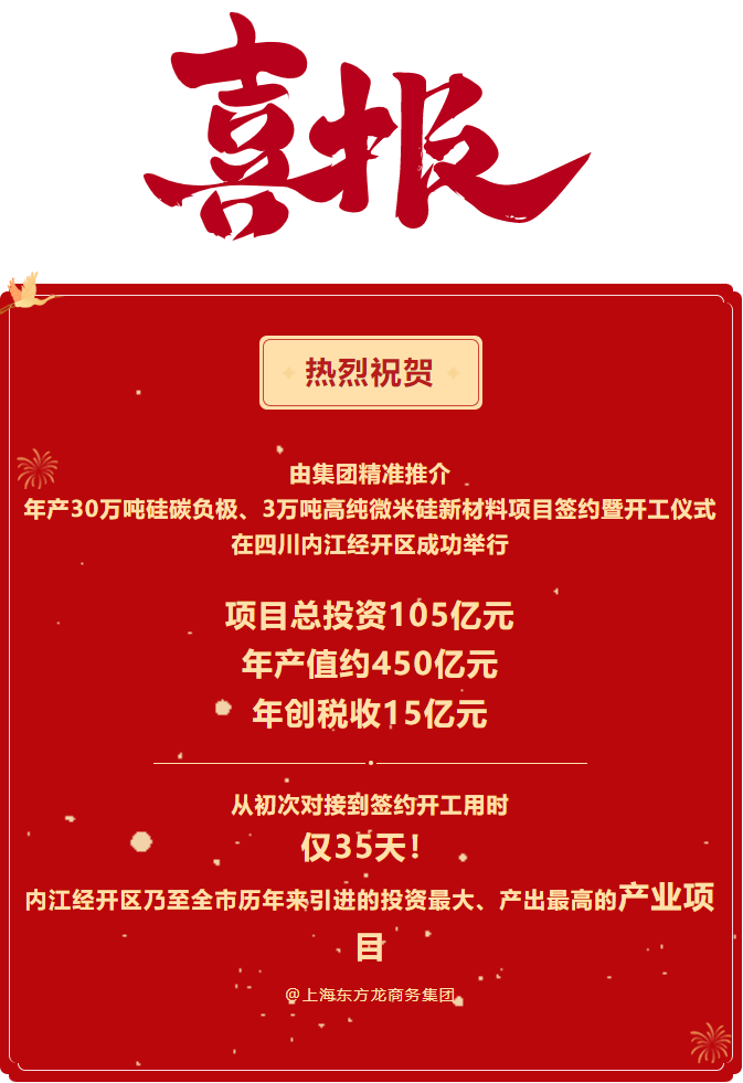 熱烈祝賀  由集團精準推介  年產(chǎn)30萬噸硅碳負極、3萬噸高純微米硅新材料項目簽約暨開工儀式在四川內(nèi)江經(jīng)開區(qū)成功舉行    項目總投資105億元  年產(chǎn)值約450億元  年創(chuàng)稅收15億元     從初次對接到簽約開工用時 僅35天！ 內(nèi)江經(jīng)開區(qū)乃至全市歷年來引進的投資最大、產(chǎn)出最高的產(chǎn)業(yè)項目 @上海東方龍商務集團